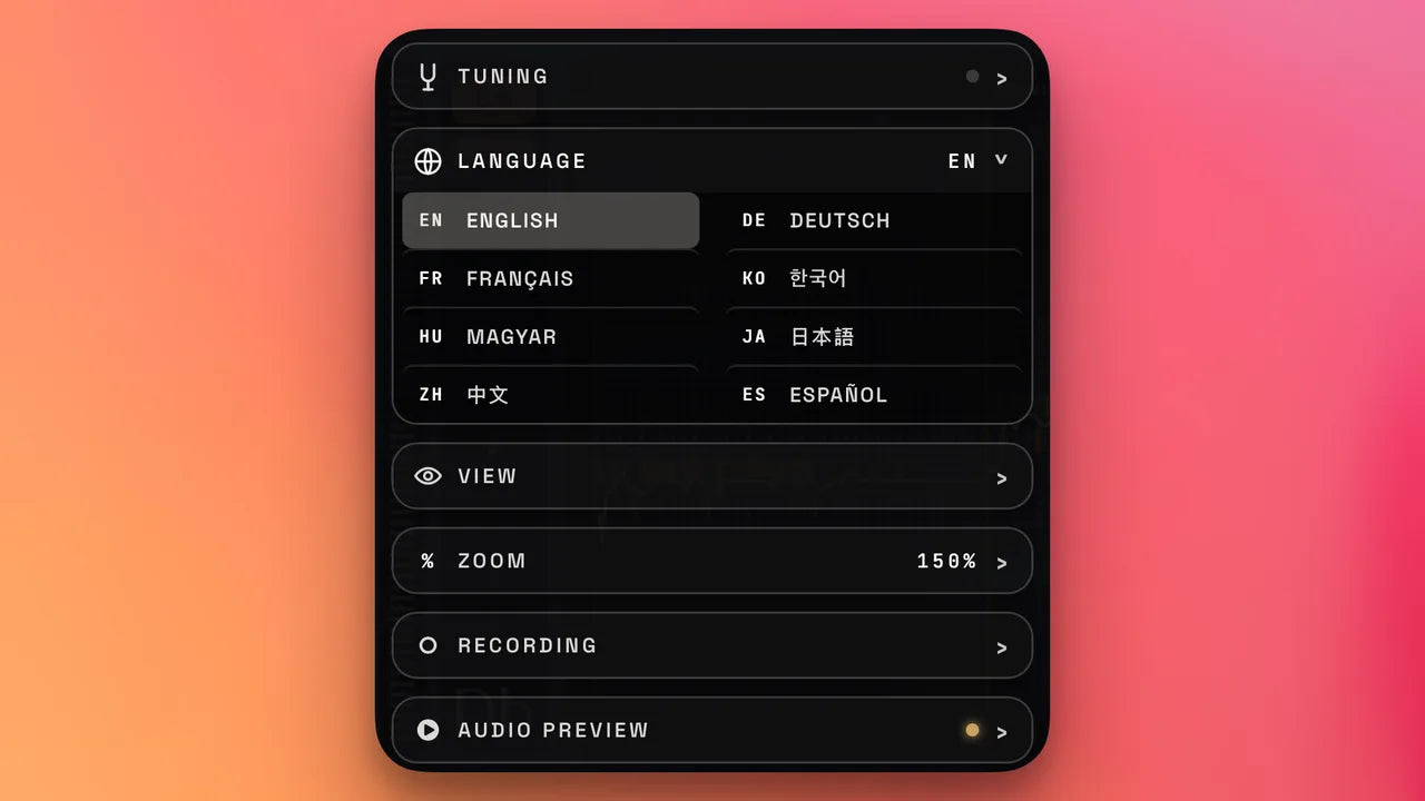 Voicemaxの設定の言語の一覧。日本語を含む8つの言語(Karanyi Sounds公式の画像)