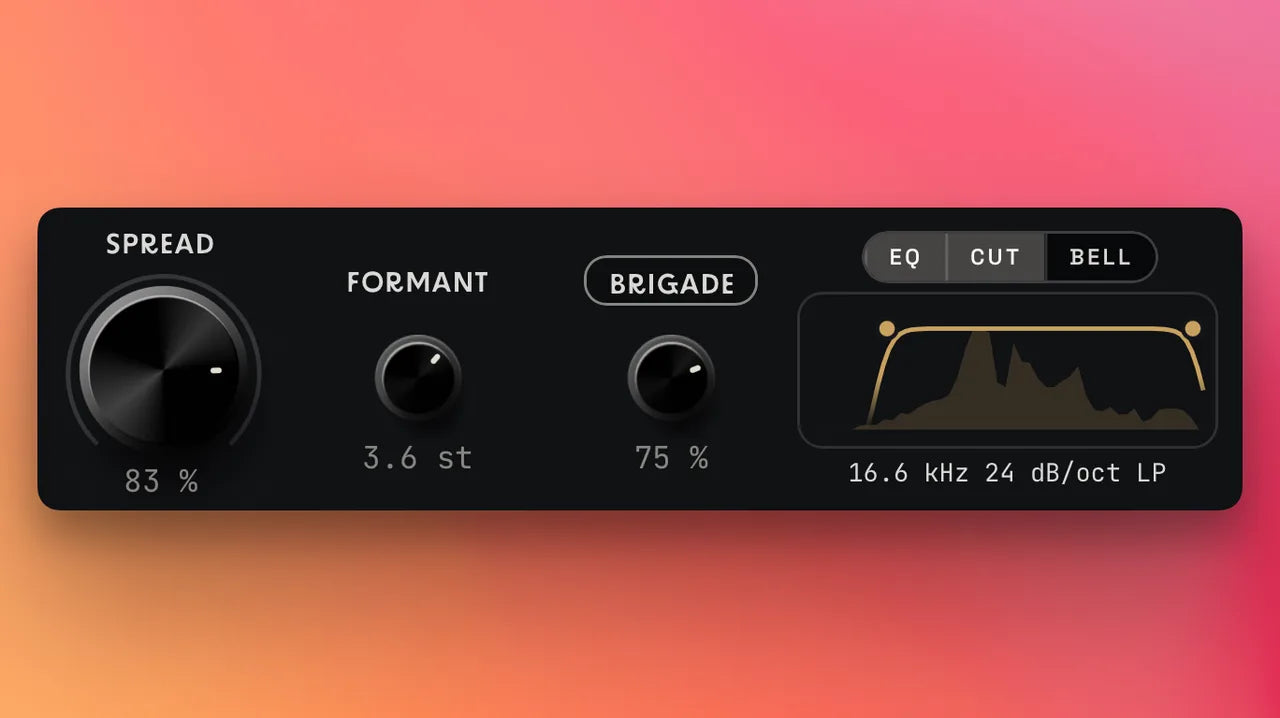 VoicemaxのSPREAD・FORMANT・BRIGADEのつまみとEQ(Karanyi Sounds公式の画像)