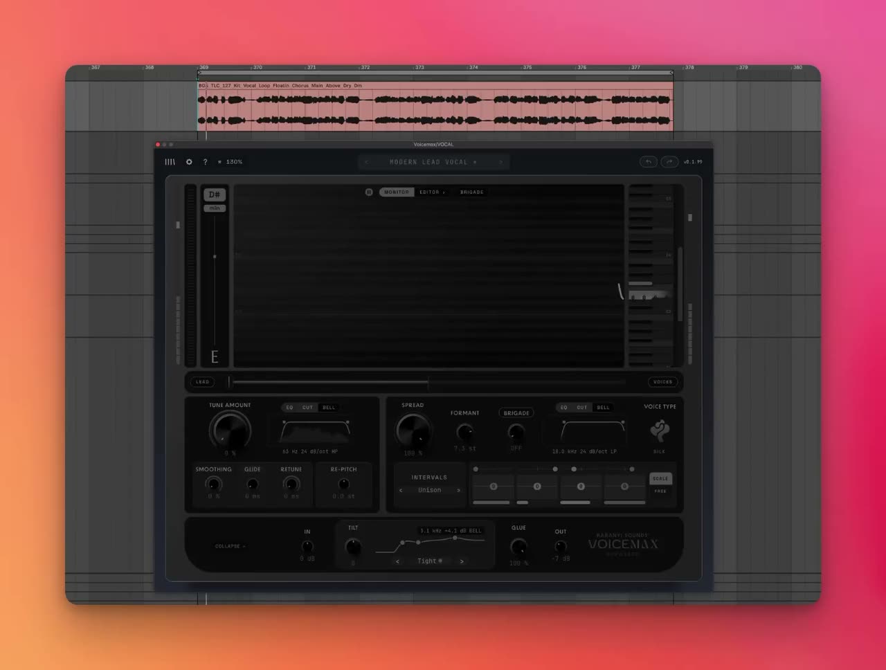 Voicemaxで歌の音程を補正する画面。TUNE AMOUNT・SMOOTHING・RETUNEのつまみ(Karanyi Sounds公式の画像)