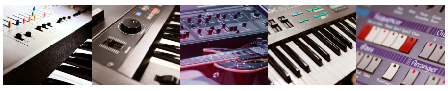UVI Vintage Vault 5のサンプリング元になった古いシンセの実機の写真を5枚並べた画像（Plugin Boutique掲載のUVI公式の画像）