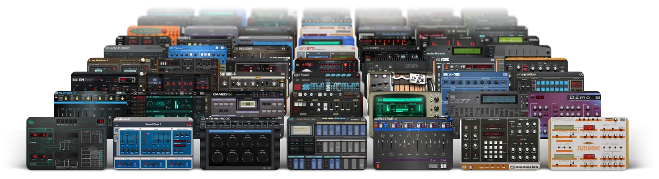 UVI Vintage Vault 5に入っている音源の画面がずらりと並んだ画像。DS77・CAMEO・Six-12・Super-7などのパネル（Plugin Boutique掲載のUVI公式の画像）