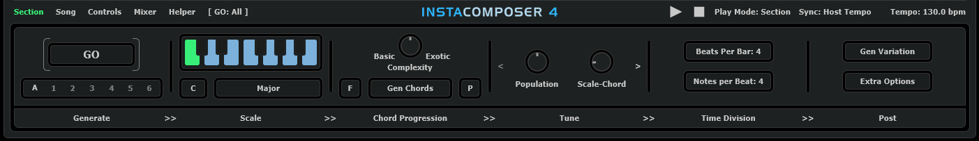 InstaComposer 4 の下段。GO ボタン、キーとスケール(C Major)、Complexity のつまみ、Gen Chords などが並ぶ(W. A. Production 公式の画像を切り抜き)