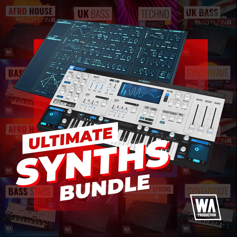 W. A. Production Ultimate Synths Bundle の製品画像。Babylon 2 と ImPerfect の2つのシンセと拡張パックが並ぶ（Plugin Boutique の製品画像）
