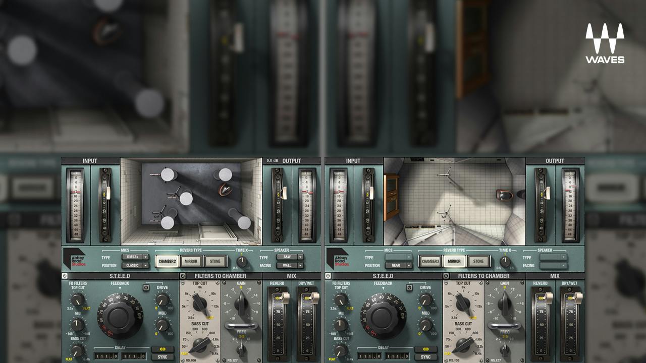Abbey Road Chambersの画面。スタジオの残響室の響きを作るリバーブで、ディレイを組み合わせる部分も並ぶ（Waves公式より）