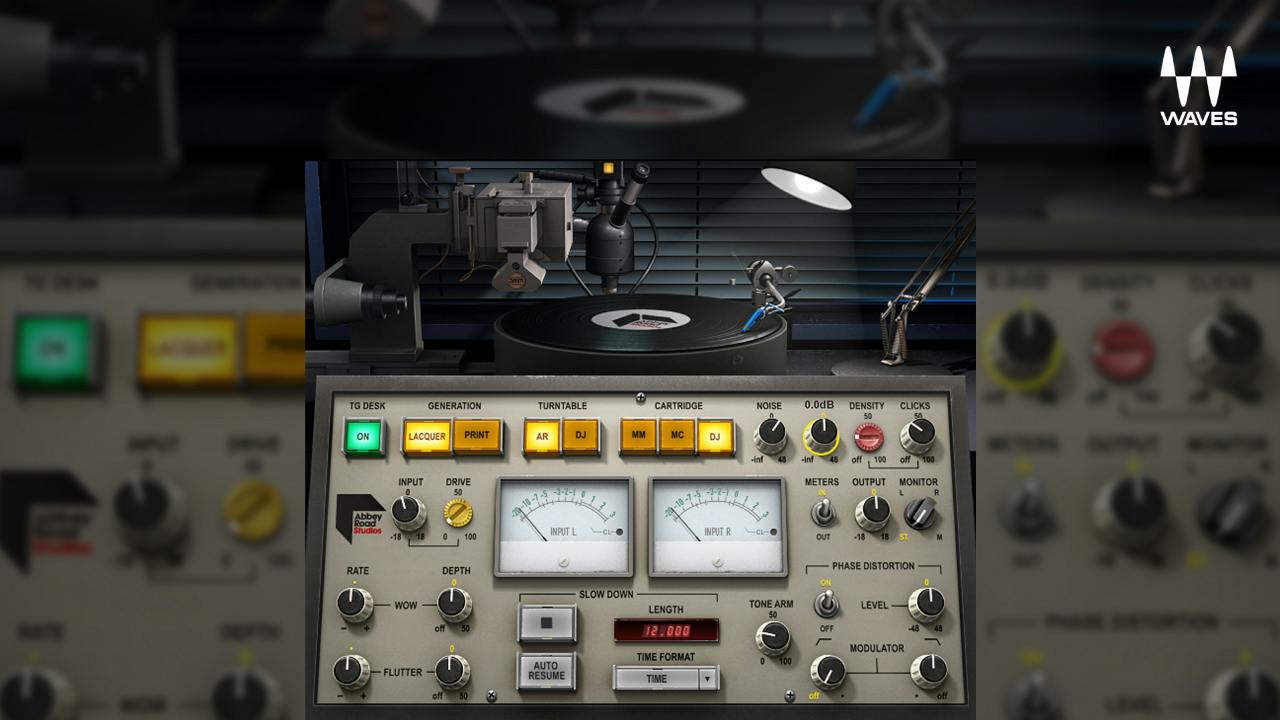 Abbey Road Vinylの画面。上にレコードを再生するターンテーブル、下にカッティングの機材を模したつまみとメーターが並ぶ（Waves公式より）
