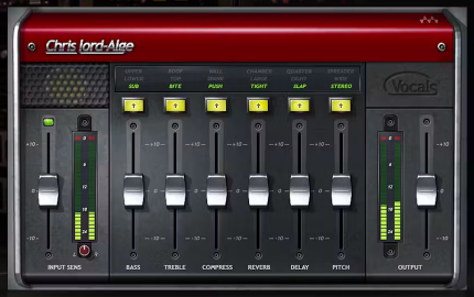 Waves CLA Vocalsの画面（Waves公式サイトより）。左からINPUT SENS、BASS・TREBLE・COMPRESS・REVERB・DELAY・PITCHの6本のフェーダー、OUTPUTが並ぶ
