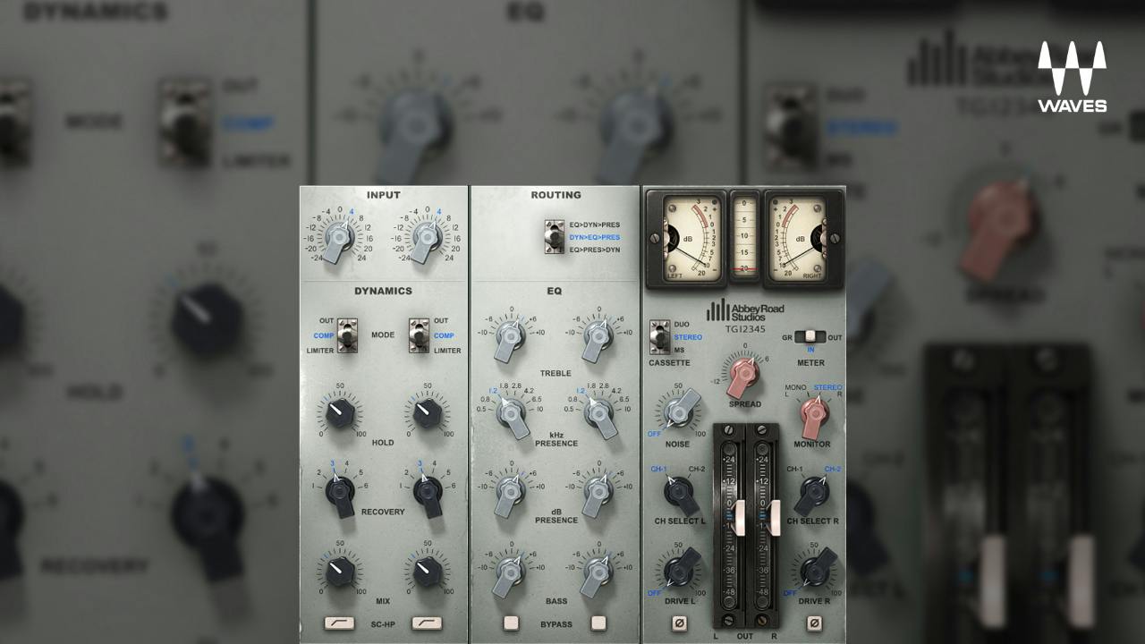 Abbey Road EMI TG12345 Channel Stripの画面。EMIの卓の1チャンネル分を、つまみとメーターごと再現している（Waves公式より）