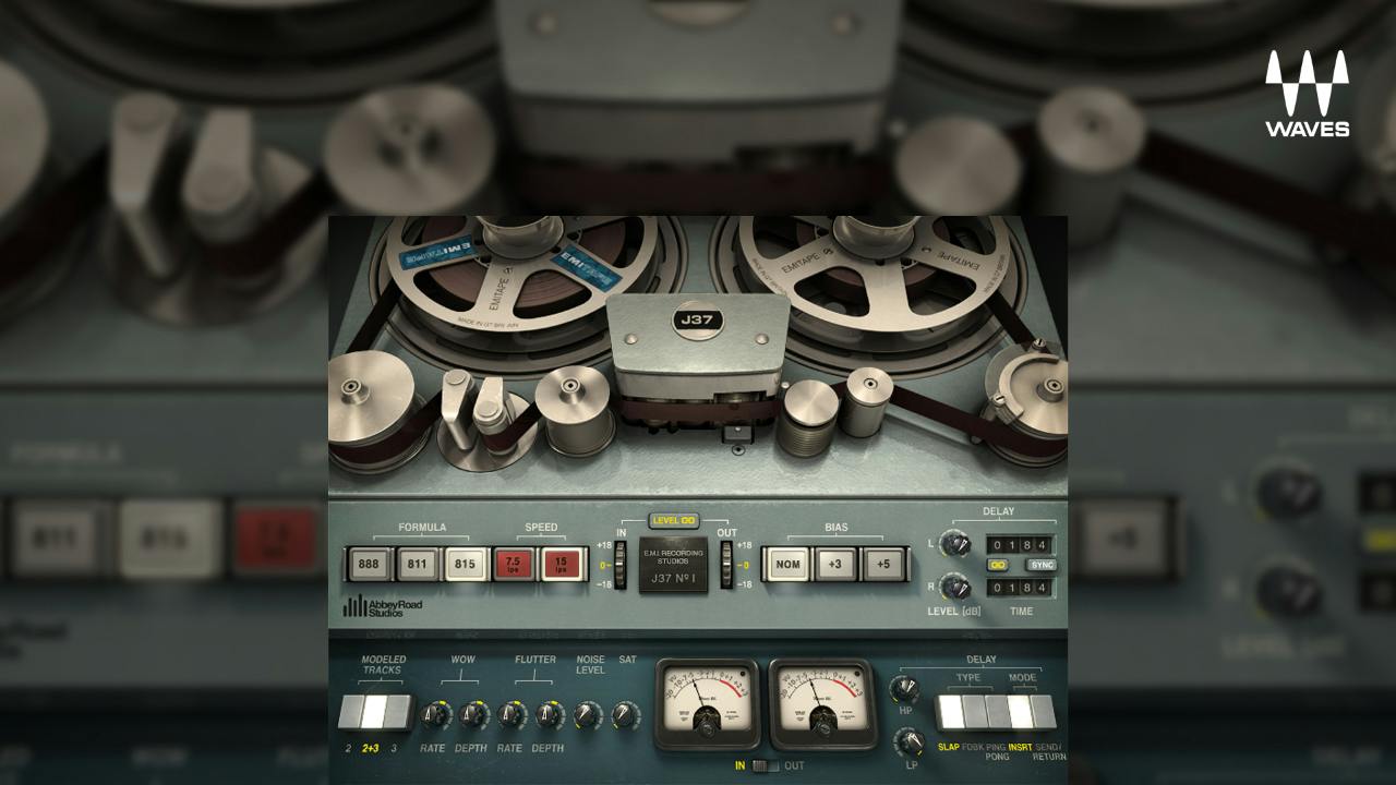 J37 Tapeの画面。オープンリールのテープレコーダーの見た目で、テープの速さや揺れを操作する（Waves公式より）