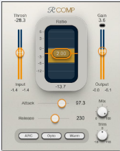Waves Renaissance Compressorの画面（Plugin Boutiqueの商品画像より）。Thresh・Ratio・Gain・Attack・Release・Mix・Trimと、ARC・Opto・Warmのボタンだけ