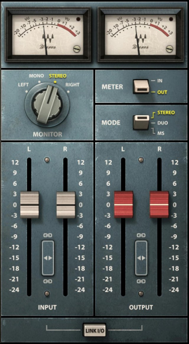 Scheps 73の右側（Waves公式の画像より）。VUメーター、MONITOR（LEFT・MONO・STEREO・RIGHT）、MODE（STEREO・DUO・MS）、INPUTとOUTPUTのフェーダー