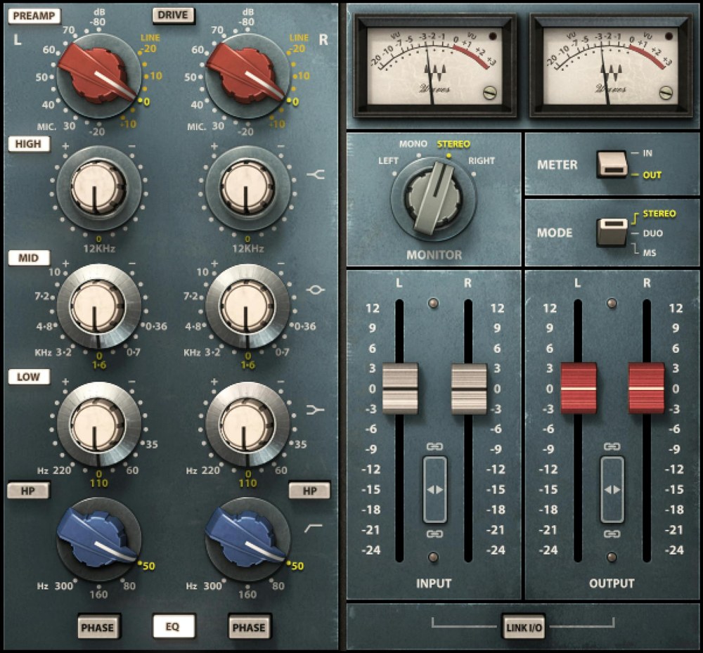 Waves Scheps 73の画面（Waves公式サイトより）。左にPREAMP・HIGH・MID・LOW・HPのノブ、右にVUメーター・MONITOR・MODE・INPUT/OUTPUTのフェーダー