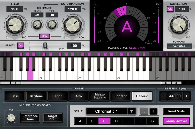 Waves Tune Real-Time の画面。上にSPEED・NOTE TRANSITION・CORRECTIONのつまみと音程のメーター、中央に鍵盤、下にRANGE（声域）とSCALEの選択が並ぶ（Plugin Boutiqueの製品画像）