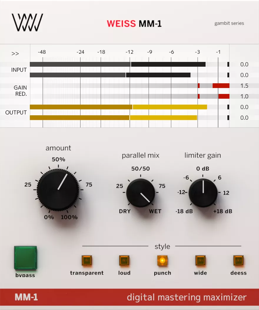 Softube Weiss MM-1の画面。上にINPUT・GAIN RED.・OUTPUTのメーター、amount・parallel mix・limiter gainの3つのつまみ、下にtransparent・loud・punch・wide・deessの5つのstyleボタン（Plugin Boutiqueの製品画像）
