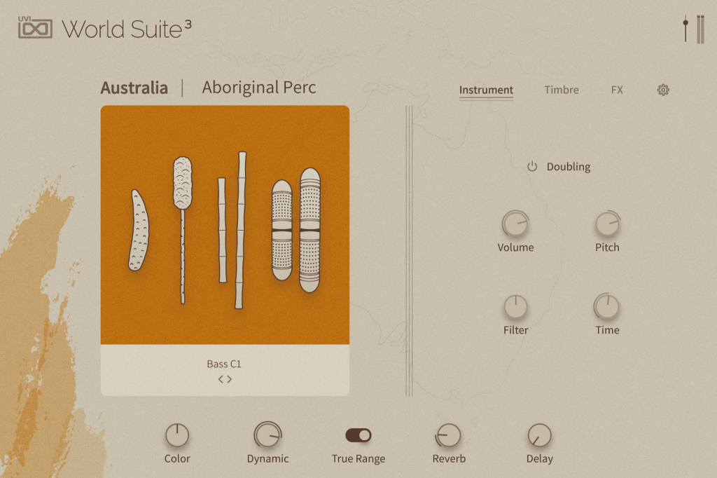 UVI World Suite 3 で Australia の Aboriginal Perc を選んだ画面(UVI 公式の画像)