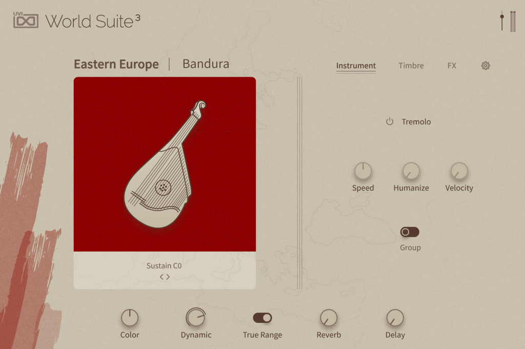 UVI World Suite 3 で Eastern Europe の Bandura を選んだ画面。Tremolo の Speed・Humanize・Velocity(UVI 公式の画像)