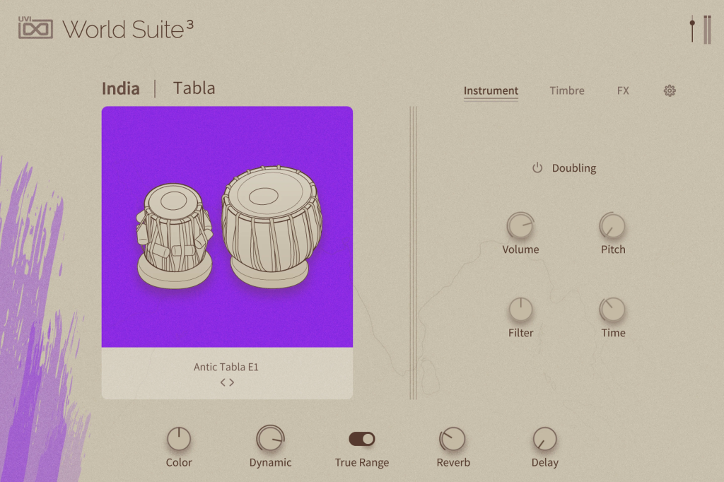 UVI World Suite 3 で India の Tabla を選んだ画面。Volume・Pitch・Filter・Time と Color・Dynamic・Reverb・Delay のつまみ(UVI 公式の画像)