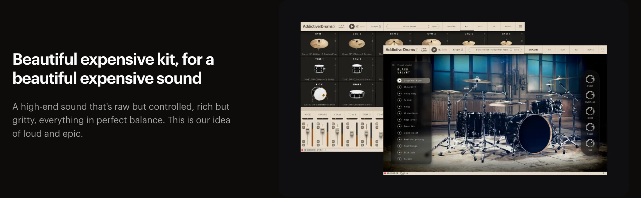 XLN Audio公式のBlack Velvetのページ。高級キットによる「大きくて壮大な」音を狙ったという説明と、KIT画面・EXPLORE画面