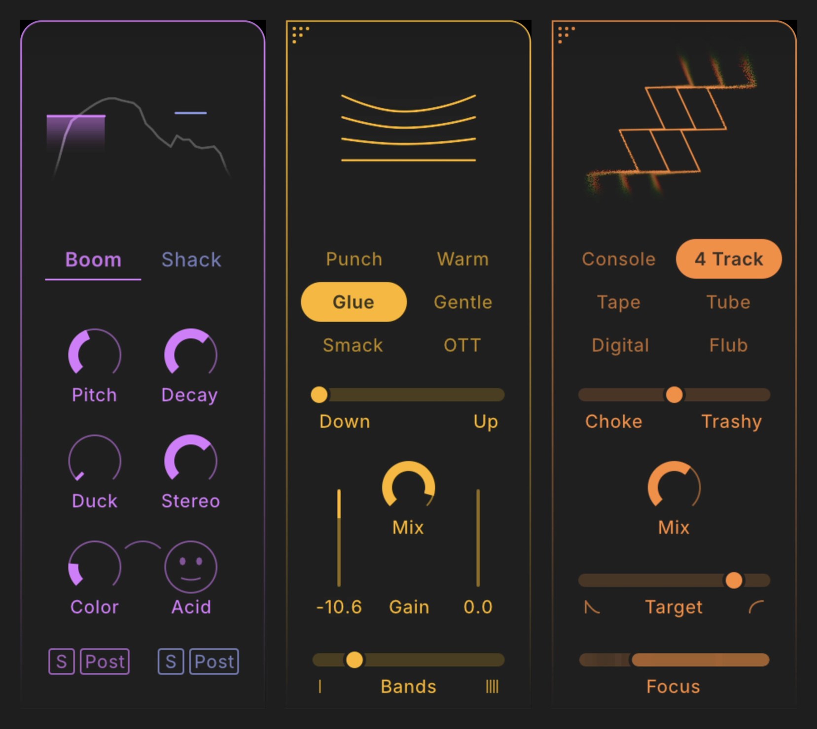 DB-30 Drum Butterのモジュール3つを並べた画像。左からBoom Shack（Pitch・Decay・Duck・Stereo・Color・Acid）、Compress（Punch・Warm・Glue・Gentle・Smack・OTTとDown/Up）、Saturate（Console・4 Track・Tape・Tube・Digital・Flub）（XLN Audio 公式の製品画像を並べたもの）