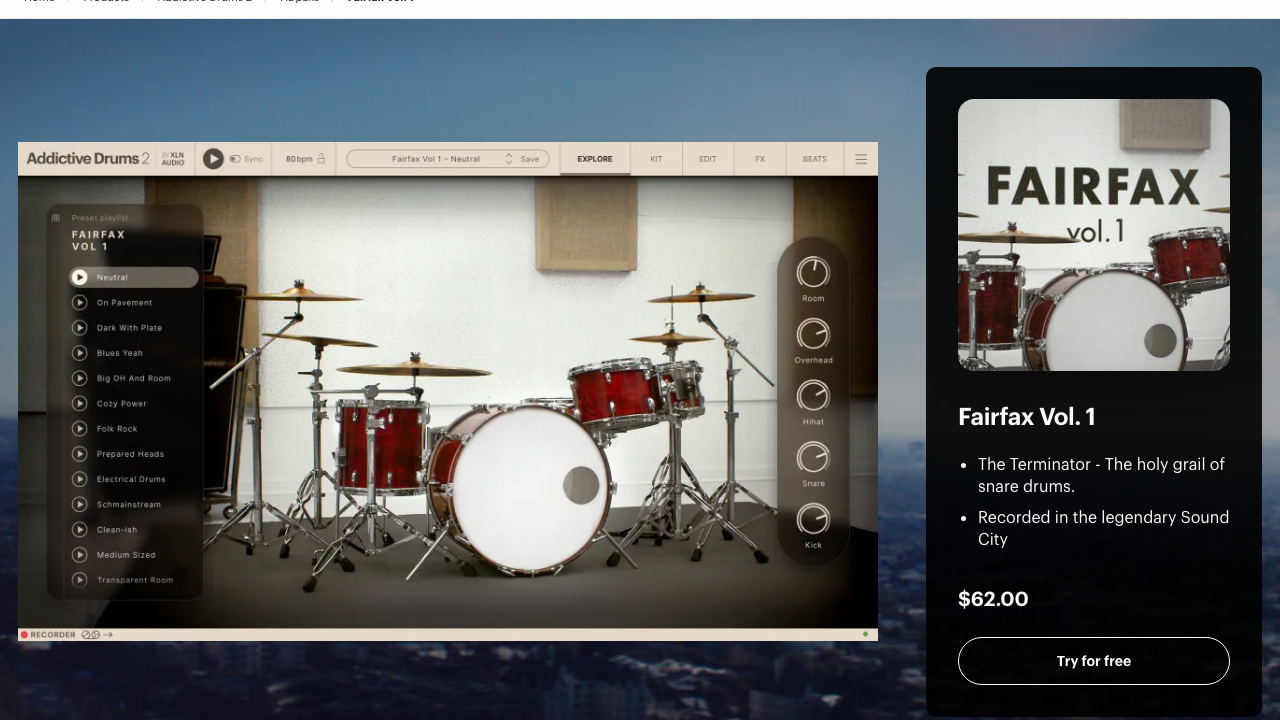 XLN Audio 公式ページの Fairfax Vol. 1。Addictive Drums 2 で Neutral・On Pavement などのプリセット一覧とキットを開いた画面