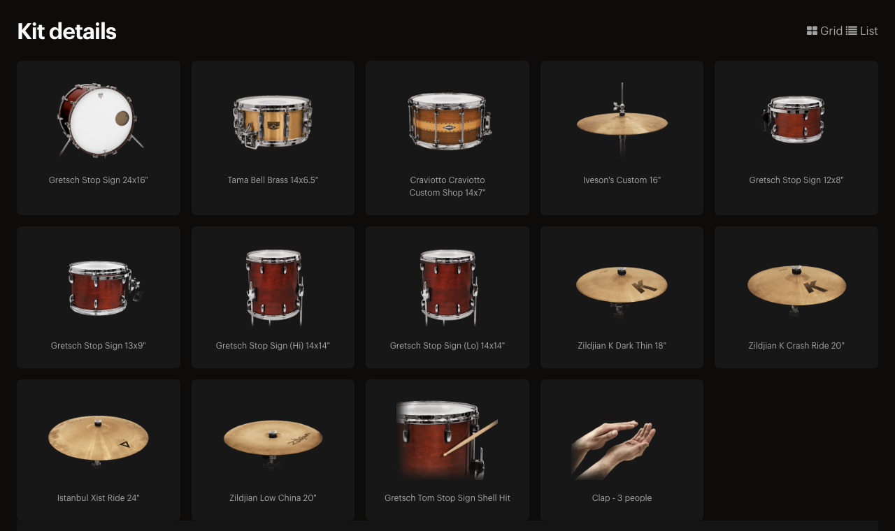XLN Audio 公式ページの Fairfax Vol. 1 のキット詳細。Gretsch Stop Sign のキックとタム、Tama Bell Brass と Craviotto のスネア、Zildjian・Istanbul のシンバルなど