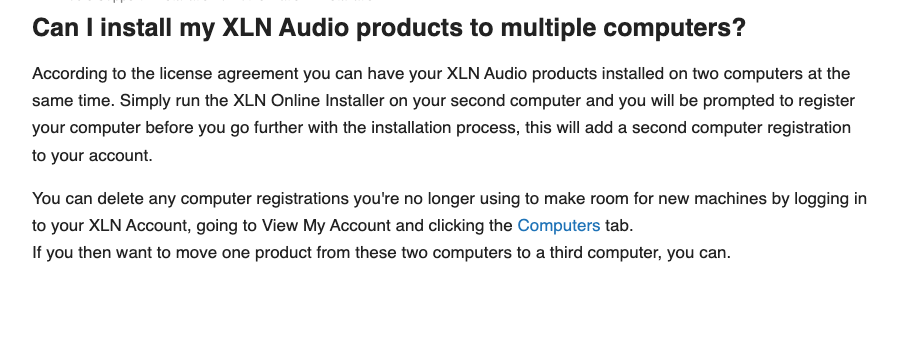XLN Audio公式サポート：製品は同時に2台のコンピューターまで入れられる（2026年10月19日時点）