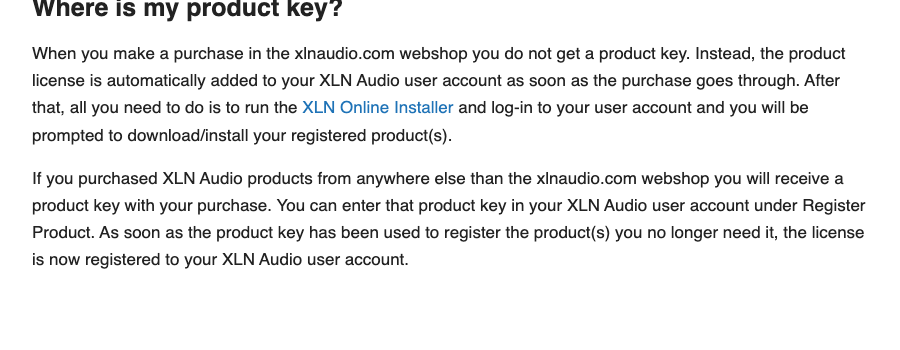 XLN Audio公式サポート：xlnaudio.com以外で買うとプロダクトキーが届き、アカウントのRegister Productで登録する（2026年10月19日時点）