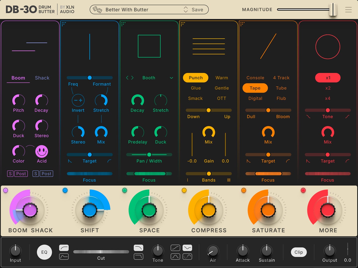 XLN Audio DB-30 Drum Butterの画面全体。上の段にBOOM SHACK・SHIFT・SPACE・COMPRESS・SATURATE・MOREの6つのモジュール、右上にMAGNITUDEのスライダー