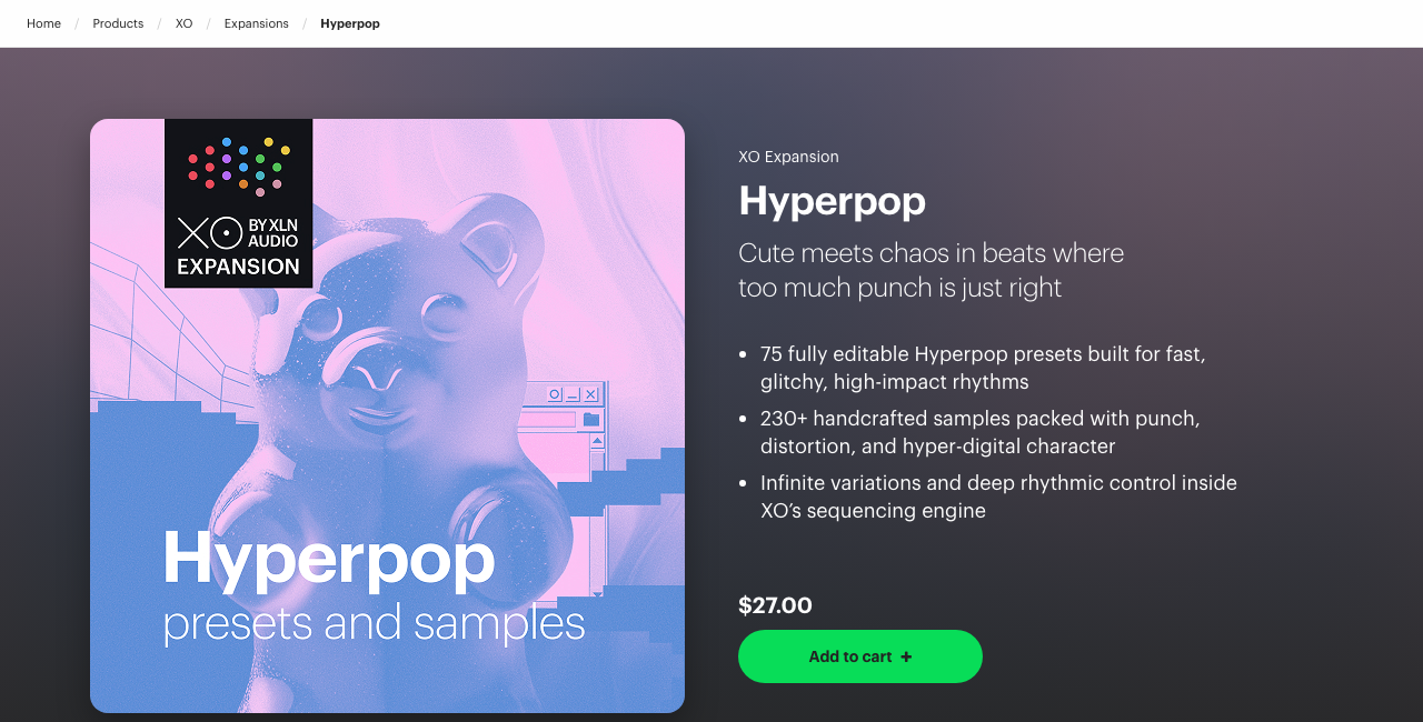 XLN Audio公式サイトのHyperpop。75プリセット・230以上のサンプル、$27（2026年10月23日時点）