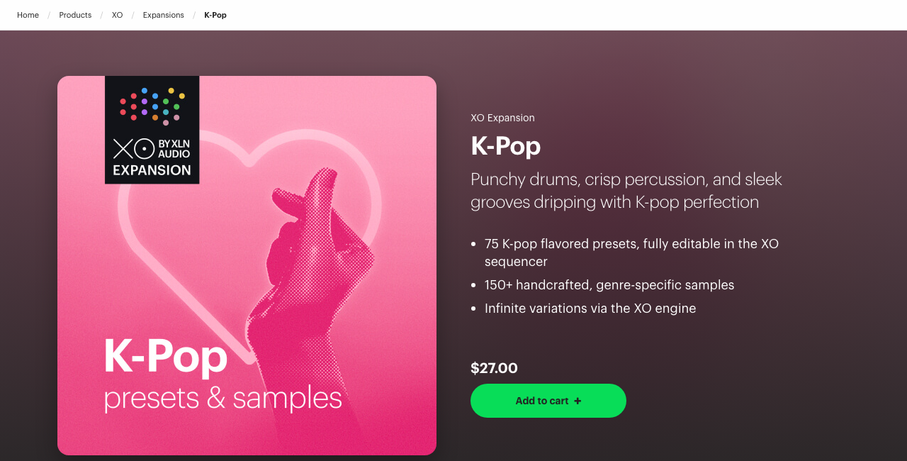 XLN Audio公式サイトのK-Pop。75プリセット・150以上のサンプル、$27（2026年10月23日時点）