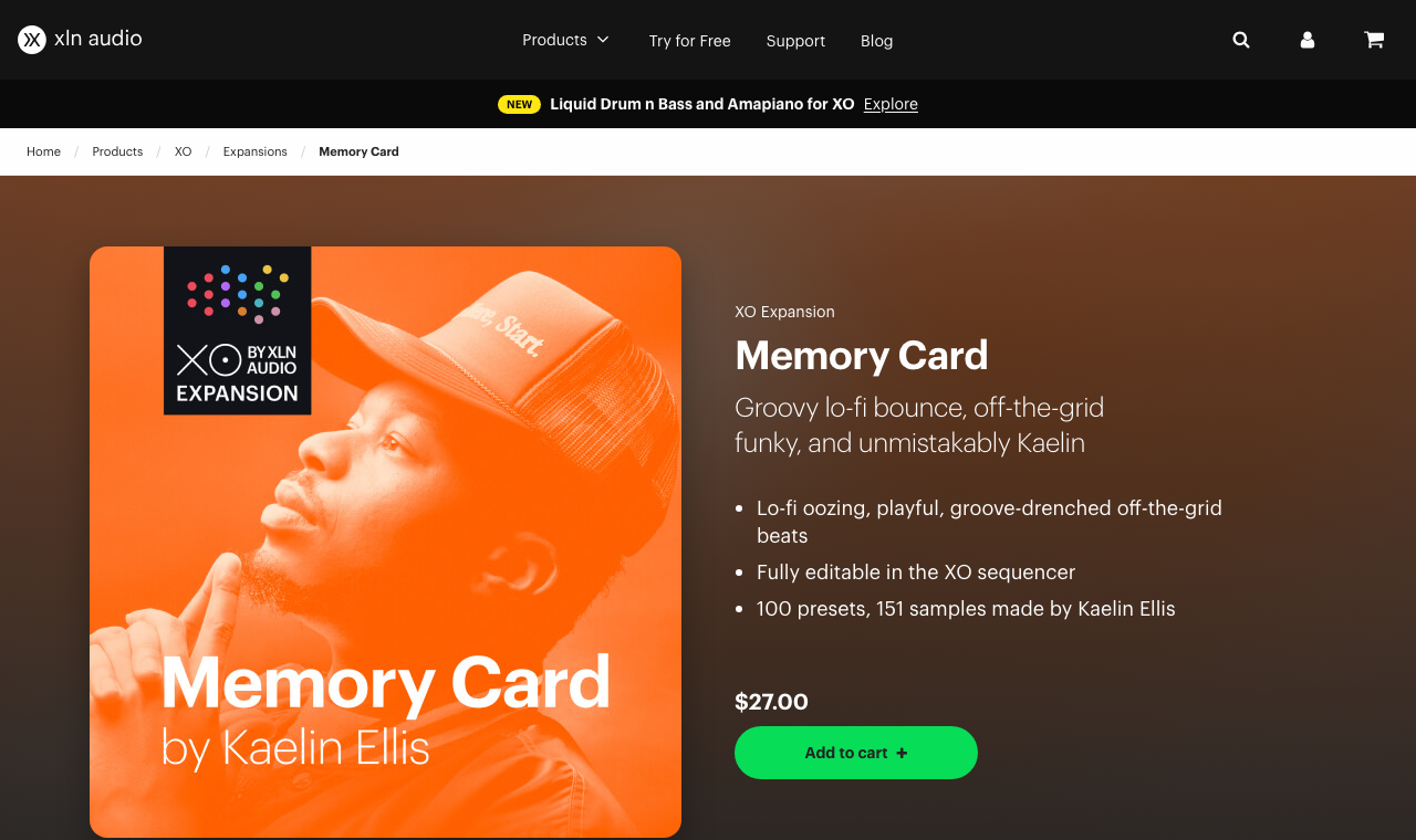 XLN Audio公式サイトのMemory Card by Kaelin Ellis。ローファイ系のXOpakで100プリセット・151サンプル、$27（2026年10月23日時点）