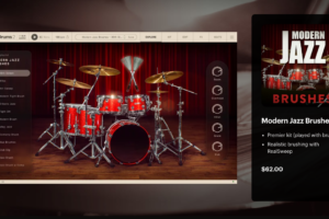 XLN Audio 公式ページの Modern Jazz Brushes ADpak。Addictive Drums 2 でブラシ演奏のプリセット一覧とキットを開いた画面