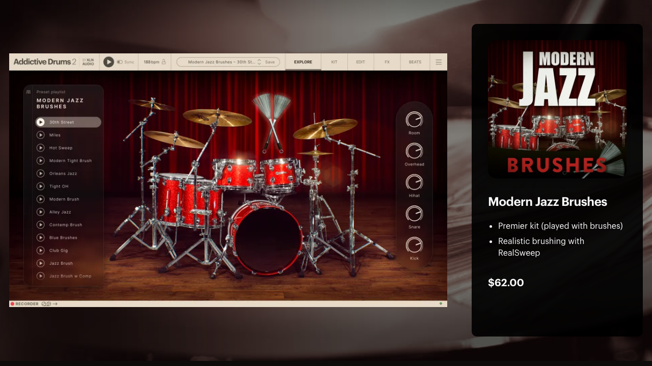 XLN Audio 公式ページの Modern Jazz Brushes ADpak。Addictive Drums 2 でブラシ演奏のプリセット一覧とキットを開いた画面