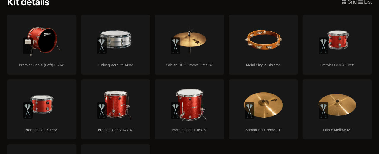 XLN Audio 公式ページの Modern Jazz Brushes ADpak のキット詳細。Premier Gen-X のキックとタム、Ludwig Acrolite のスネア、Sabian のハイハットなど