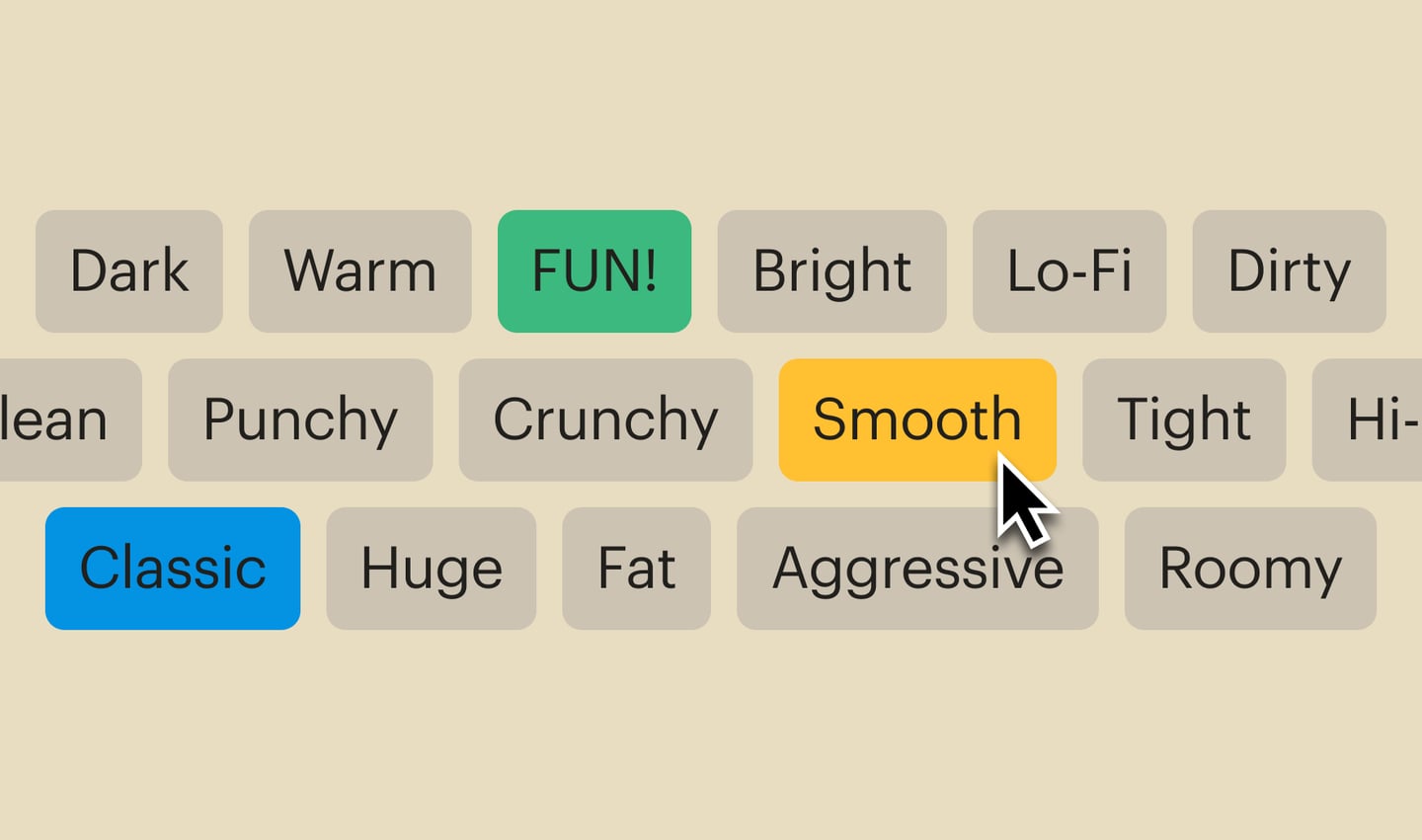 DB-30 Drum Butterのプリセットを選ぶときのタグ。Dark・Warm・FUN!・Bright・Lo-Fi・Dirty・Punchy・Crunchy・Smooth・Tight・Classic・Huge・Fat・Aggressive・Roomy（XLN Audio 公式の画像）