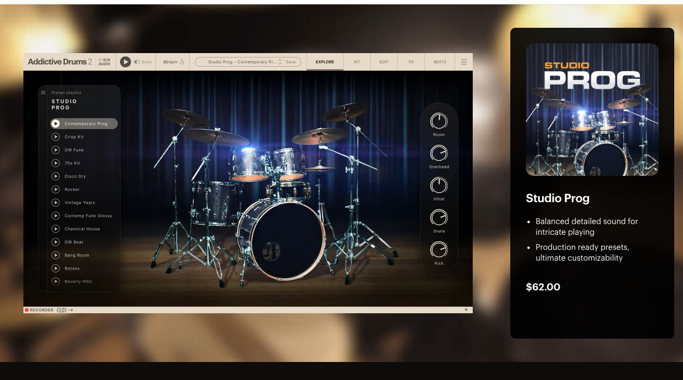 XLN Audio 公式ページの Studio Prog ADpak。Addictive Drums 2 で Contemporary Prog などのプリセット一覧とキットを開いた画面