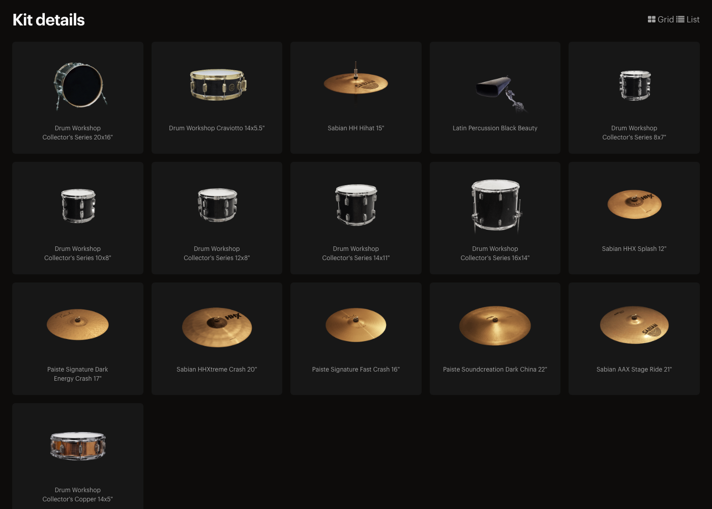 XLN Audio 公式ページの Studio Prog ADpak のキット詳細。DW Collector's Series のキックとタム、DW Craviotto のスネア、Sabian・Paiste のシンバルなど