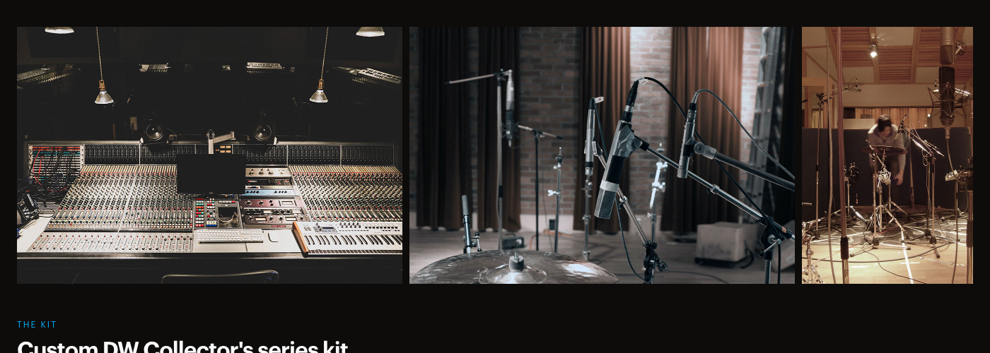 XLN Audio 公式ページの Studio Prog ADpak の収録風景。ストックホルムの Decibel Studios のコンソールとドラムのマイク