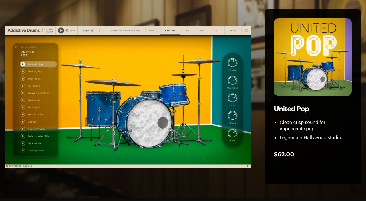 XLN Audio 公式ページの United Pop。Addictive Drums 2 で Acoustic Pop・Pushing Dry などのプリセット一覧と青いキットを開いた画面