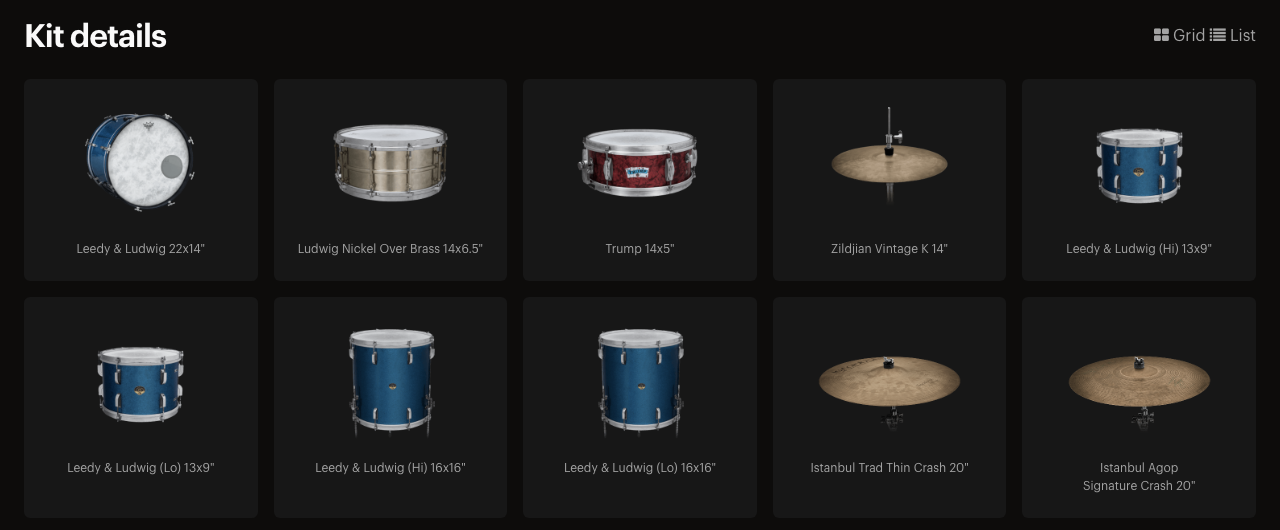 XLN Audio 公式ページの United Pop のキット詳細。Leedy & Ludwig のキックとタム、Ludwig Nickel Over Brass と Trump のスネア、Zildjian・Istanbul のシンバル