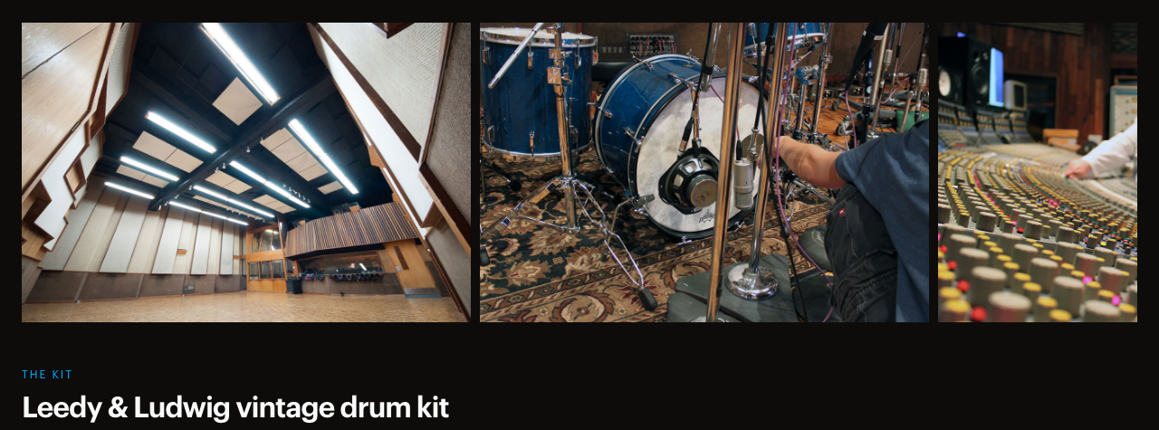 XLN Audio 公式ページの United Pop の収録風景。United Recording の Studio A と、Leedy & Ludwig のキット