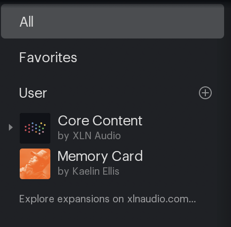 XOのブラウザ。Core Content（XLN Audio）の下に、買い足したXOpakのMemory Card（Kaelin Ellis）が並んでいる