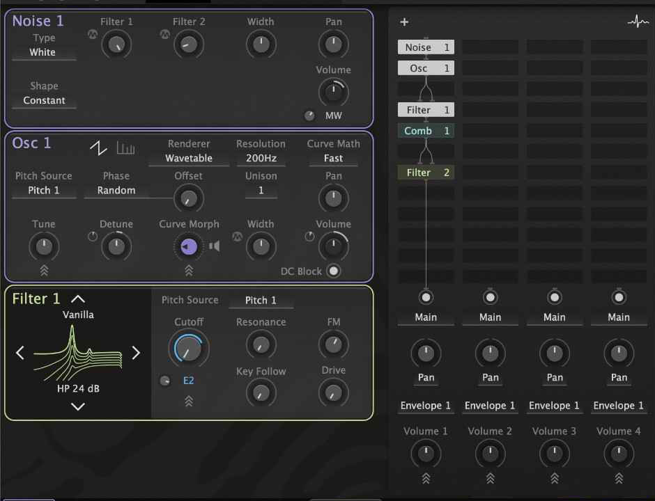 Zebra 3 のグリッド。Noise と Osc を Filter・Comb・Filter の順につないで1つの音にしている（Plugin Boutique の製品画像の一部）