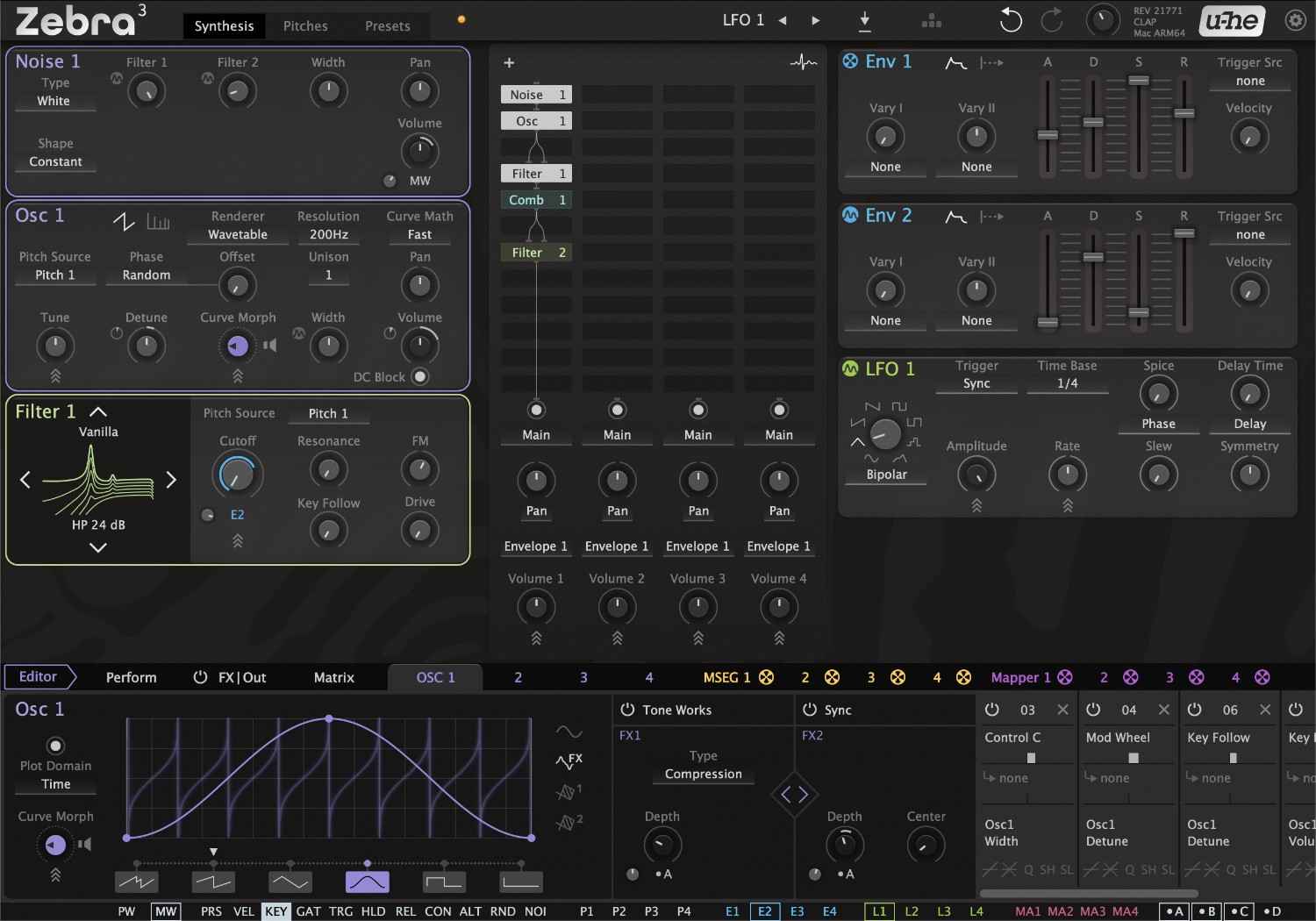 u-he Zebra 3 の画面。左に Noise・Osc・Filter の部品、中央に部品をつなぐグリッド、右にエンベロープと LFO（Plugin Boutique の製品画像より）