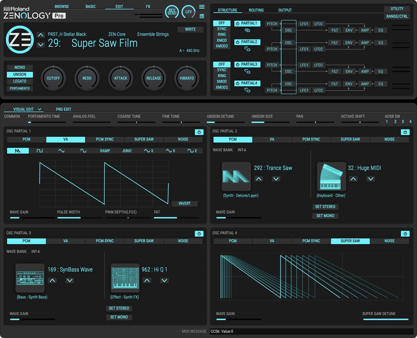 ZENOLOGY ProのEDIT画面。1つの音に4つのパーシャルがあり、それぞれにVA・PCM・SUPER SAWなどの波形を選べる（Roland公式より）