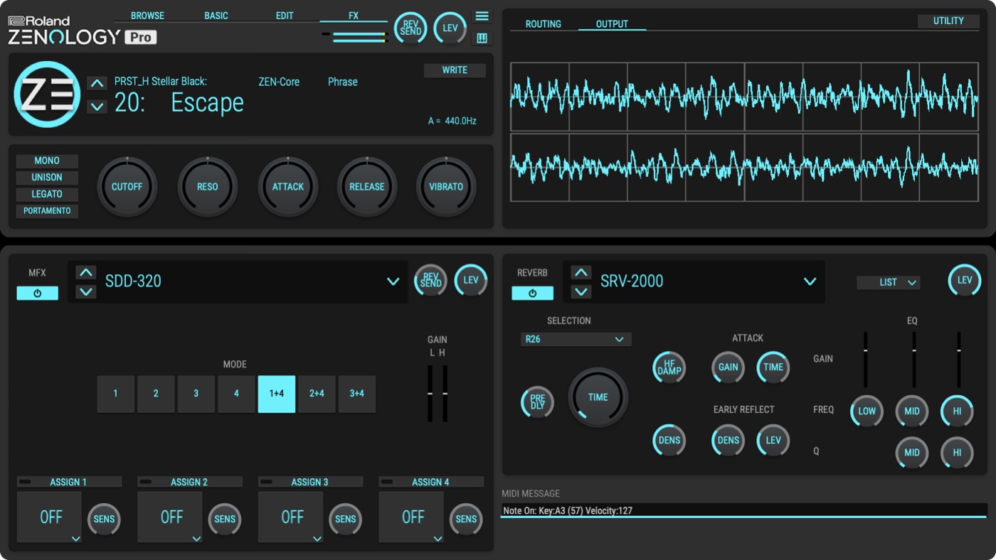 ZENOLOGY ProのFX画面。Dimension DのSDD-320と、リバーブのSRV-2000が選ばれている（Roland公式より）