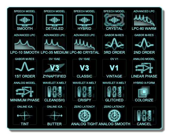 ORANGE VOCODER IVのボコーダーの方式を選ぶ画面。Speech Model・Advanced LPC・Analog Modelなど24種類が並ぶ（Zynaptiq公式の画像）