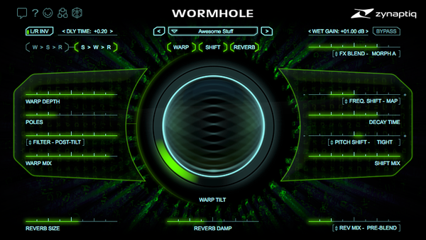 Zynaptiq WORMHOLE の画面。上に WARP・SHIFT・REVERB の切り替え、左にワープ、右にシフトとリバーブのつまみ、中央に WARP TILT（Zynaptiq 公式の画像）